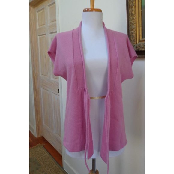 NWOT- CYNTHIA ROWLEY Pink 100% Cashmere Short Sleeve Tie-Front Cardigan -Size M - Picture 2 of 6